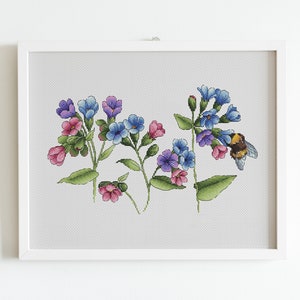 Bumble Bee Cross Stitch Pattern PDF, Wild Flowers Lungwort Counted Cross Stitch, Bee Hand Embroidery Instant Download, Insects Cross Stitch