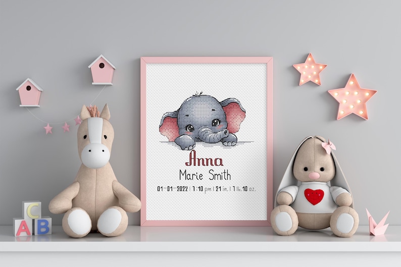 Personalized Baby Cross Stitch Pattern Elephant Birth Announcement