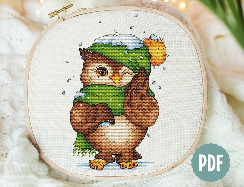 Cozy Owl in Winter Wonderland, Bird Cross Stitch Pattern, Christmas Hand Embroidery, Cute Owlet Winter Decor Digital Design Digital PDF File image 4