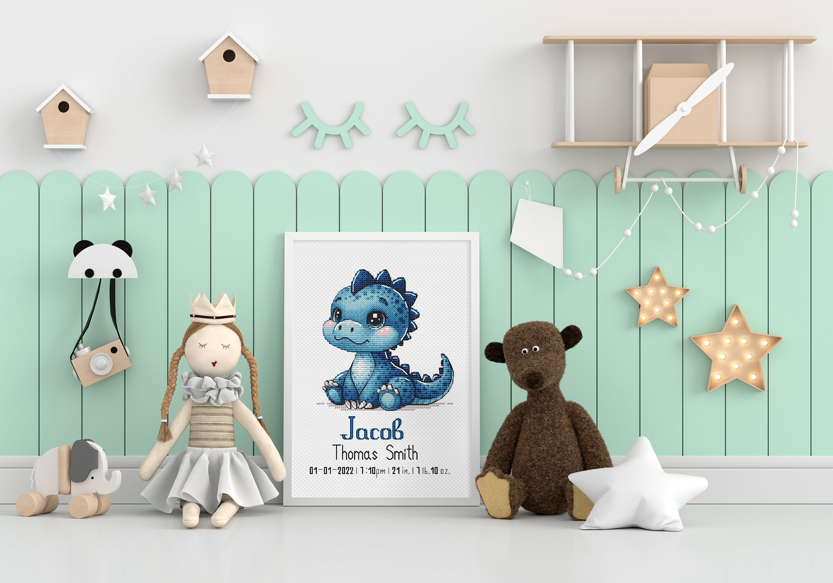 Dinosaur Cross Stitch Pattern PDF Pattern Digital Download Counted Cross Stitch Green Dinosaur Dino Animal DMC Colours