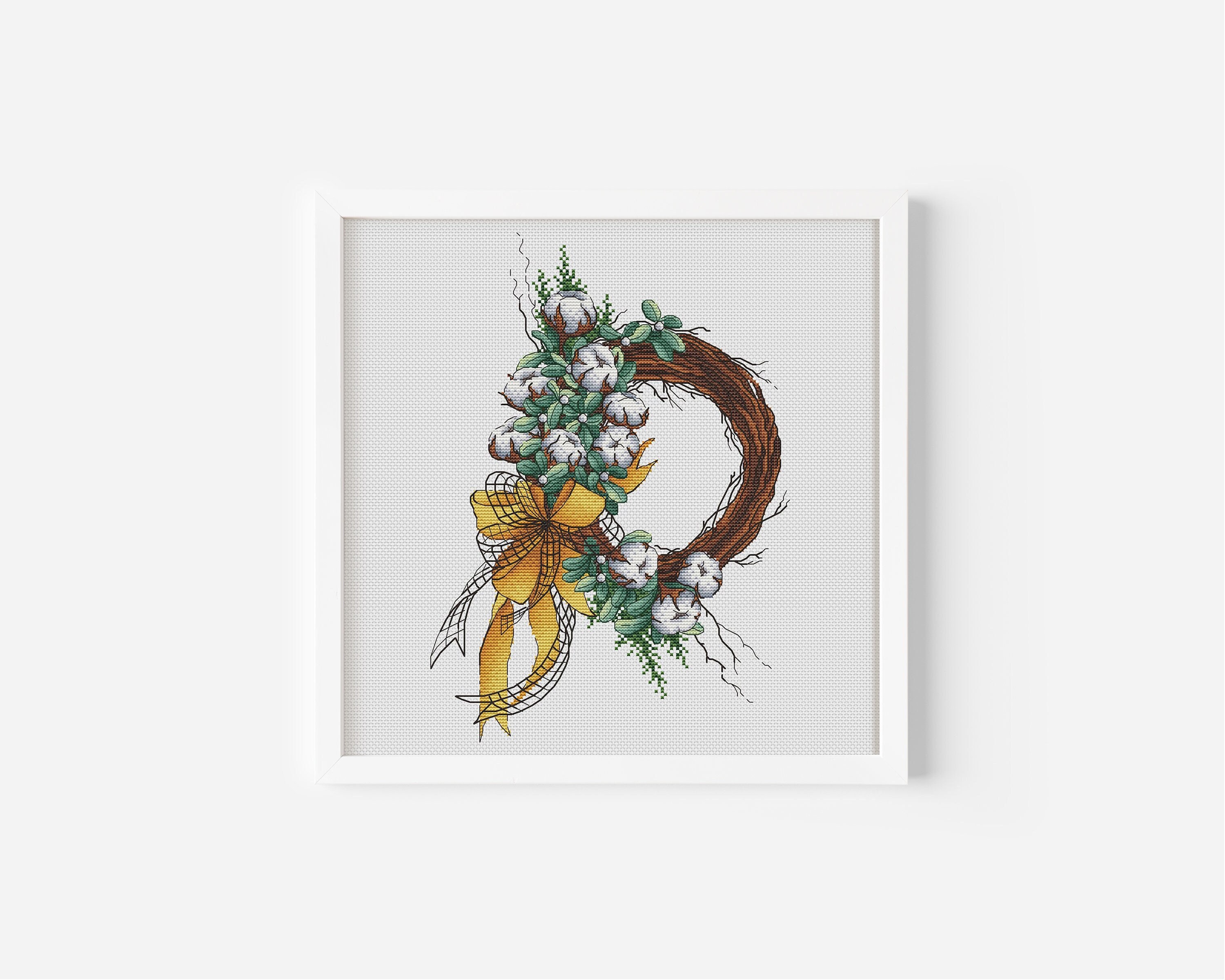 Cotton Wreath Cross Stitch Pattern PDF, Rustic Wreath Counted Cross ...