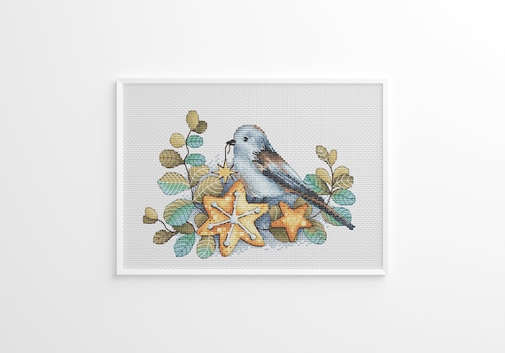 Blue Bird Cross Stitch Pattern, Fall Wreath Embroidery, Star Counted Cross Stitch Digital PDF File, Bird Art, Instant Download, Funny Gift