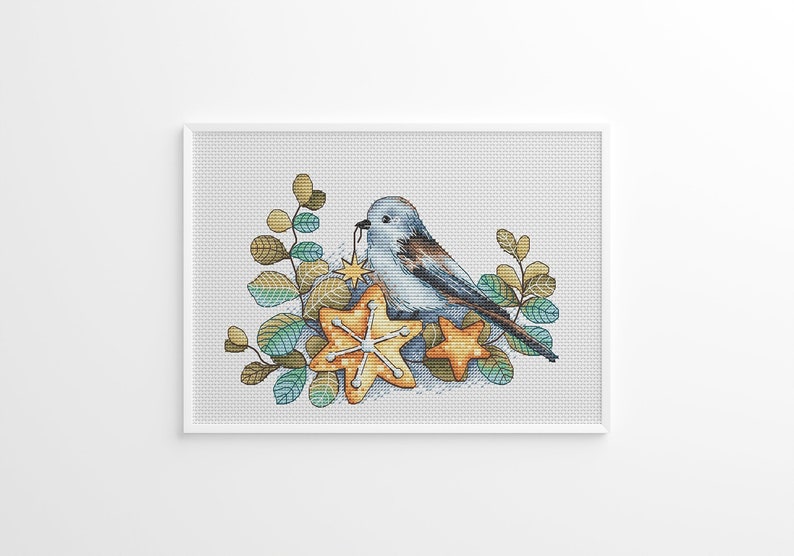 Blue Bird Cross Stitch Pattern, Fall Wreath Embroidery, Star Counted Cross Stitch Digital PDF File, Bird Art, Instant Download, Funny Gift image 1