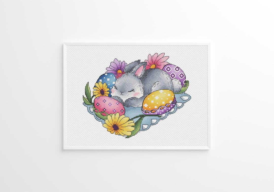 Easter Cross Stitch Pattern Cute Bunny With Easter Eggs & Flowers ...