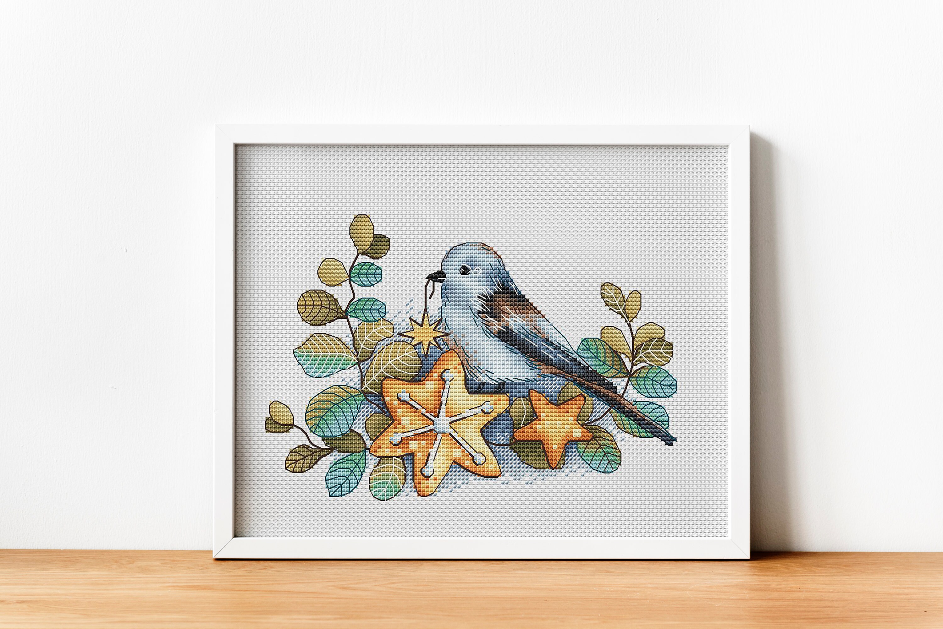 青い鳥のクロスステッチパターン、秋のリースの刺繍、星を数えたクロス