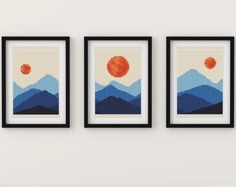Boho Sonne Kreuzstich Muster PDF, Abstrakt Berg Sonnenaufgang Kreuzstich, Minimalistisches Einzigartiges Design, Moderner Kreuzstich, Sofort Download