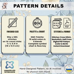 May include: A digital cross-stitch pattern details graphic with text. The finished size is 7.1 x 4.9 inches (18 x 12.5 cm). The DMC palette includes 19 solid colors and 8 blends. The pattern format is a digital PDF with cross stitch, backstitch, and half cross stitches.