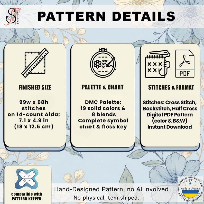 May include: A digital cross-stitch pattern details graphic with text. The finished size is 7.1 x 4.9 inches (18 x 12.5 cm). The DMC palette includes 19 solid colors and 8 blends. The pattern format is a digital PDF with cross stitch, backstitch, and half cross stitches.