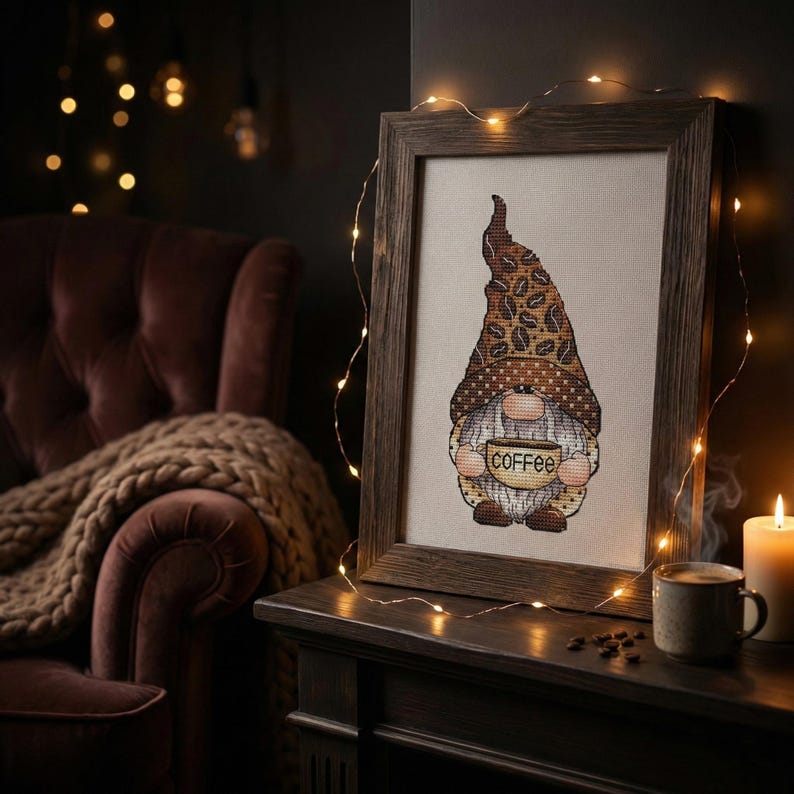 Coffee Lover Gnome Cross Stitch, Coffee Beans Hat Hand Embroidery, Coffee Lover Gift Tapestry, Digital File, Instant Download PDF Pattern image 6