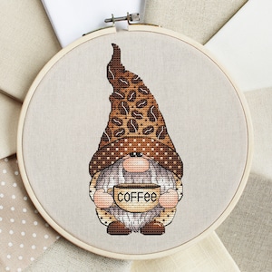 Coffee Lover Gnome Cross Stitch, Coffee Beans Hat Hand Embroidery, Coffee Lover Gift Tapestry, Digital File, Instant Download PDF Pattern image 10