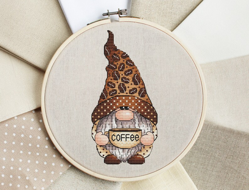 Coffee Lover Gnome Cross Stitch, Coffee Beans Hat Hand Embroidery, Coffee Lover Gift Tapestry, Digital File, Instant Download PDF Pattern image 10