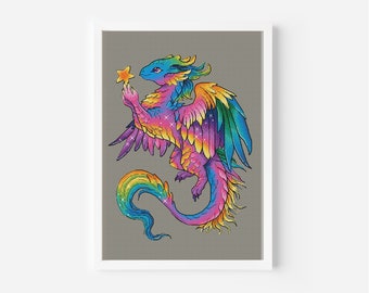 Motif point de croix dragon arc-en-ciel, grille colorée de la bête fantastique, motif de broderie, grille de broderie PDF imprimable, téléchargement immédiat