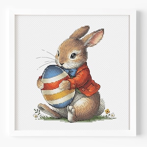 Easter Bunny Cross Stitch Pattern Rabbit with Striped Egg Digital PDF Instant Download DIY Decor