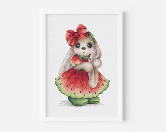 Patrón de sandía en punto de cruz (PDF), bordado de fruta de conejo, archivo digital de descarga instantánea, vestido de hada en punto de cruz, tapiz de conejito adorable