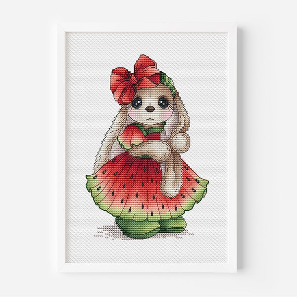 Watermelon Cross Stitch Pattern PDF, Rabbit Fruit Embroidery, Instant Download Digital File, Fairy Dress Cross Stitch, Cute Bunny Tapesty