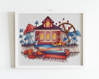 Mushrooms Cross Stitch Pattern PDF, Cozy Autumn House Counted Cross Stitch, Amanita Embroidery Pattern, Fall Decor Design Digital PDF File