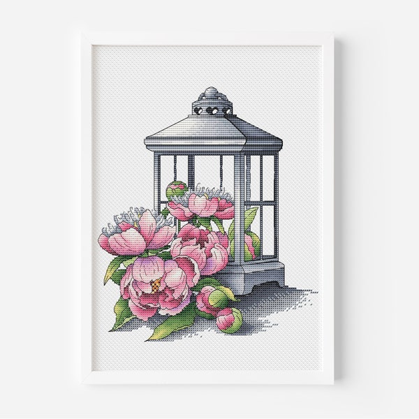 Cross Stitch Pattern of Peony Flowers on a Lantern, Peony Flowers Chart Needlepoint Embroidery, Floral Lantern Instant Download Digital File