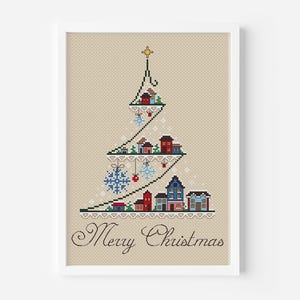 May include: Cross-stitch pattern of a Christmas tree with houses and snowflakes. The tree is decorated with red and blue baubles. The text "Merry Christmas" is written below the tree.
