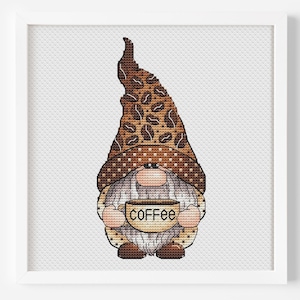 Coffee Lover Gnome Cross Stitch, Coffee Beans Hat Hand Embroidery, Coffee Lover Gift Tapestry, Digital File, Instant Download PDF Pattern