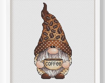 Coffee Lover Gnome Cross Stitch, Coffee Beans Hat Hand Embroidery, Coffee Lover Gift Tapestry, Digital File, Instant Download PDF Pattern