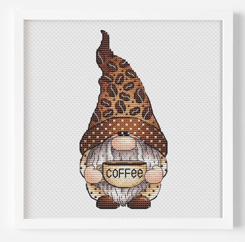 Coffee Lover Gnome Cross Stitch, Coffee Beans Hat Hand Embroidery, Coffee Lover Gift Tapestry, Digital File, Instant Download PDF Pattern image 1
