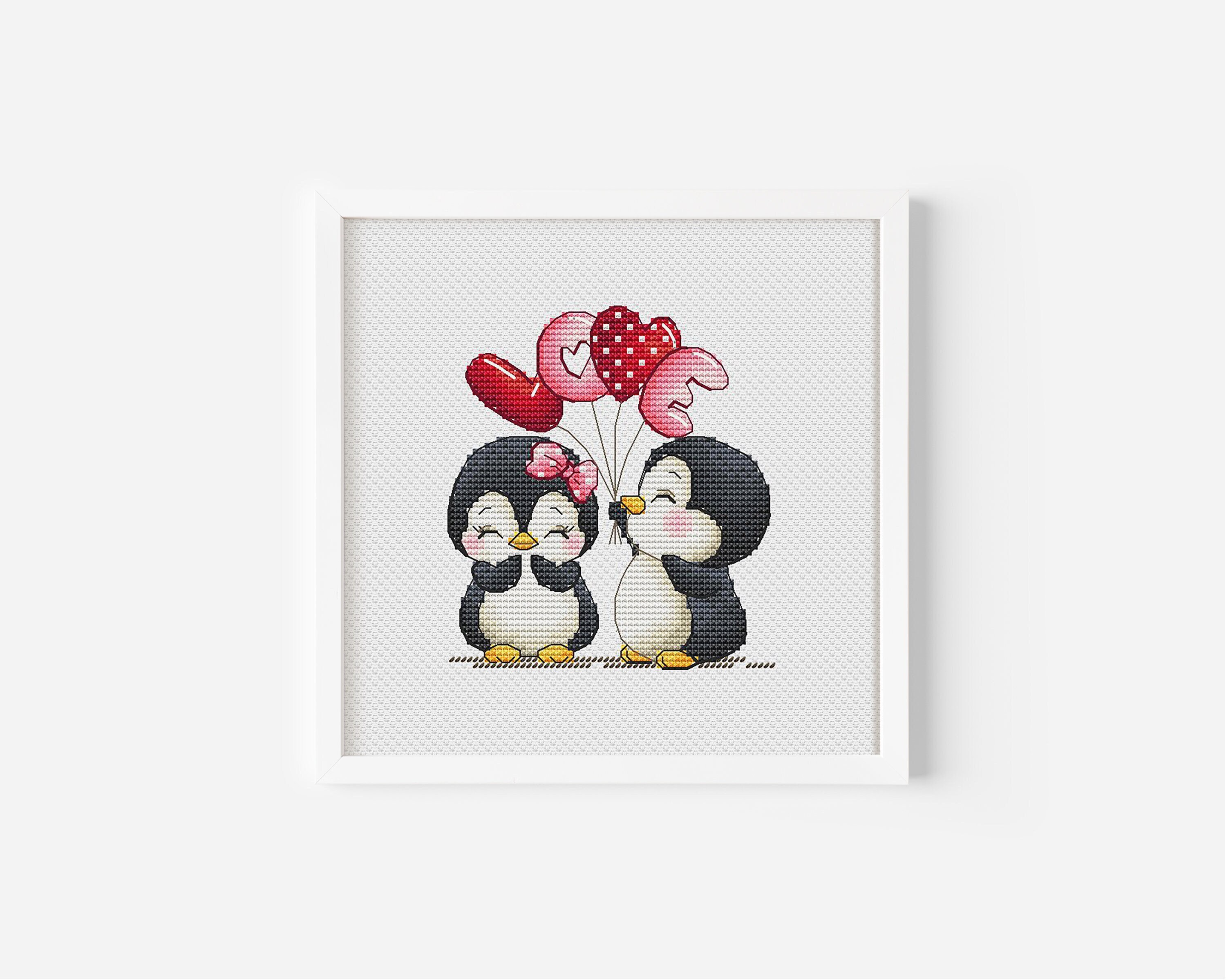 Penguin Cross Stitch Pattern PDF Instant Download, Love Counted Cross Stitch, Valentine's Day Cross Stitch, Bird Cross Stitch