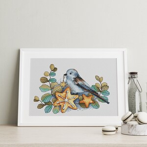 May include: A blue bird with a brown tail sits on a nest of star-shaped leaves. The bird is holding a small yellow star in its beak. The leaves are a mix of green and brown.