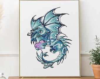 Dragon Cross Stitch Pattern PDF,  Love dragon Counted Cross Stitch, Dragon with Heart Embroidery, Fantasy Cross Stitch Instant Download File