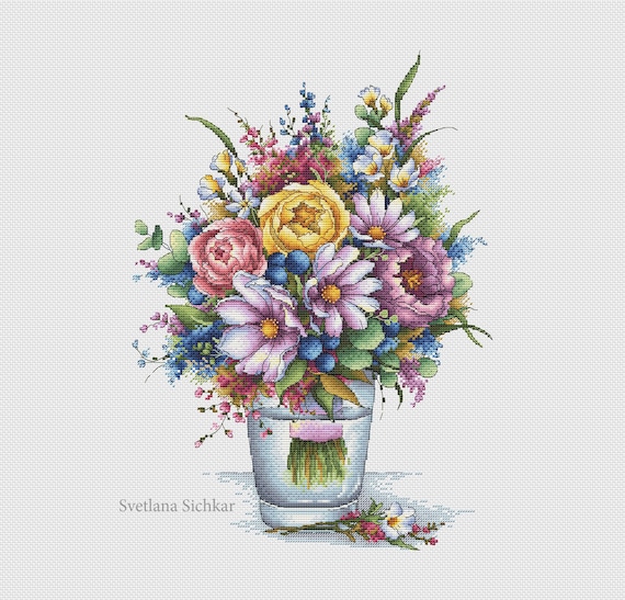 花のクロスステッチパターン花瓶のクロスステッチ優しさの花束花の刺繍 