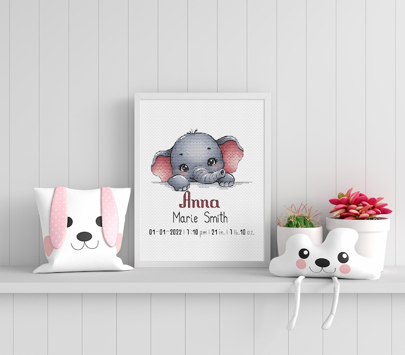Personalized Baby Cross Stitch Pattern Elephant Birth Announcement
