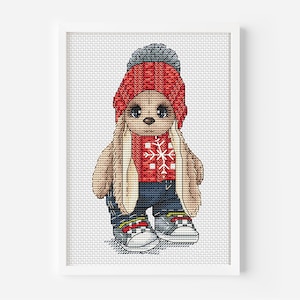 May include: A cross-stitch pattern of a brown bunny wearing a red knitted hat with a white pom-pom, a red sweater with a white snowflake design, blue jeans, and white trainers.