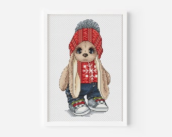 Adorable Bunny in a Sweater Cross Stitch Pattern PDF, Instant Download Digital File, Rabbit Cross Stitch, Cute Birth Record Hand Embroidery
