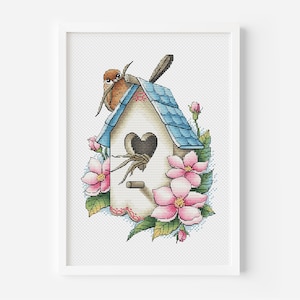 Spring Bird Cross Stitch, BirdHouse Cross Stitch Spring Flowers Embroidery Bird Nest Counted Cross Stitch Digital File PDF Instant Download