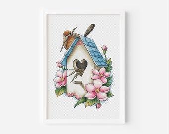 Spring Bird Cross Stitch, BirdHouse Cross Stitch Spring Flowers Embroidery Bird Nest Counted Cross Stitch Digital File PDF Instant Download