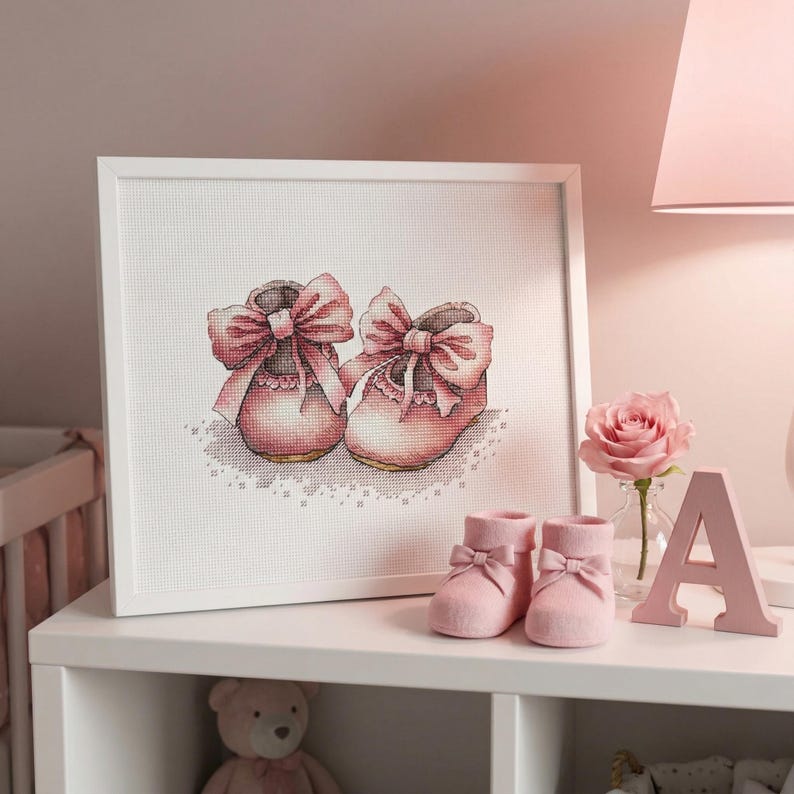 Newborn Booties Cross Stitch Pattern, Digital PDF File Pink Bows, Baby Girl Christening Booties image 4