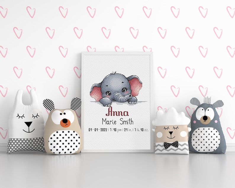 Personalized Baby Cross Stitch Pattern Elephant Birth Announcement