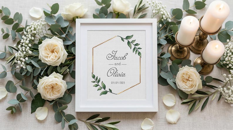 Wedding Cross Stitch Pattern, Personalized Modern Counted Cross Stitch, Wedding Anniversary Sampler, Engagement Gift, Digital Download PDF image 4