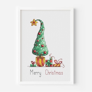 Christmas Tree Cross Stitch Pattern PDF, Christmas Gift Cross Stitch, Holiday Joy Hand Embroidery, Christmas Crafts Digital Download