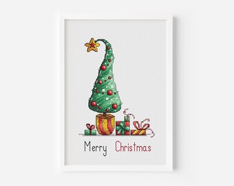 Christmas Tree Cross Stitch Pattern PDF, Christmas Gift Cross Stitch, Holiday Joy Hand Embroidery, Christmas Crafts Digital Download