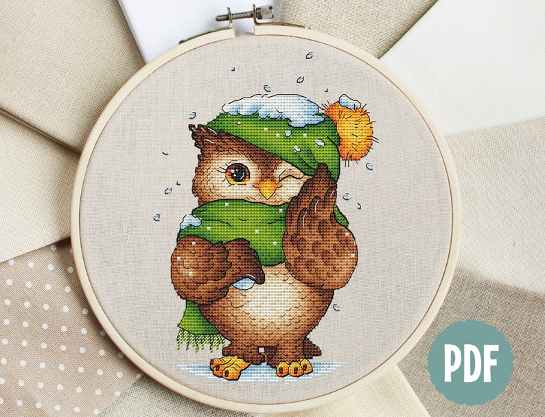 Cozy Owl in Winter Wonderland, Bird Cross Stitch Pattern, Christmas Hand Embroidery, Cute Owlet Winter Decor Digital Design Digital PDF File image 5