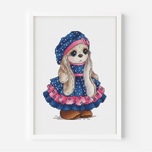Bunny Girl Cross Stitch Pattern Blue Dress with White Polkadots, Rabbit Hand Embroidery Design, Cute Bunny Lover Handmade Stitching Pattern