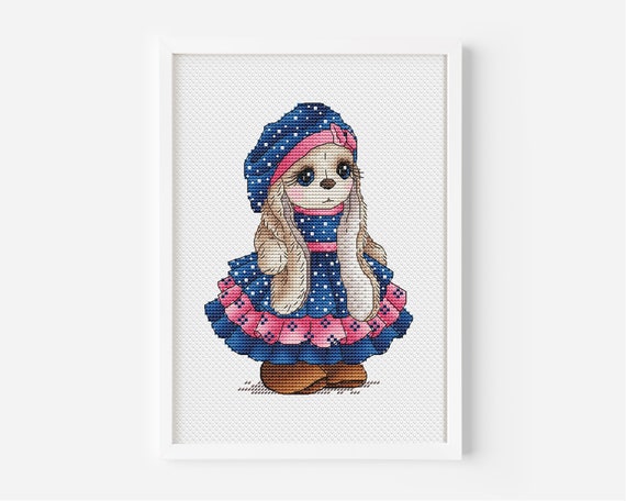 Bunny Girl Cross Stitch Pattern Blue Dress with White Polkadots, Rabbit Hand Embroidery Design, Cute Bunny Lover Handmade Stitching Pattern