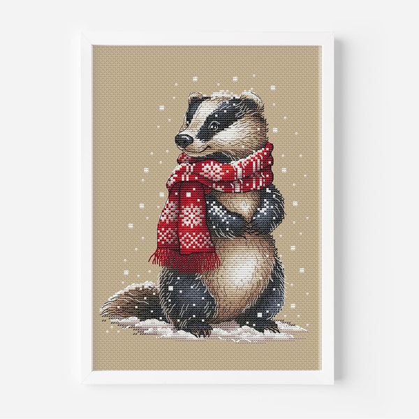 Cross Stitch Pattern Badger in a Scarf with White Snowy Background, Cozy Critter Wildlife Hand Embroidery Instant Download Digital File PDF