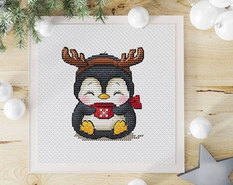 Penguin Cup Cross Stitch Pattern Christmas Gift Penguin Embroidery Instant Download Small Cross Stitch Christmas Crafts Winter Cross Stitch
