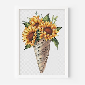 Vibrant Sunflowers Wrapped in Paper with Musical Notes Cross Stitch Pattern PDF Blooming Sunflower Unique Artistic Handmade Cross Stitch Art