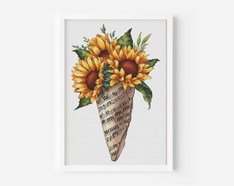 Vibrant Sunflowers Wrapped in Paper with Musical Notes Cross Stitch Pattern PDF Blooming Sunflower Unique Artistic Handmade Cross Stitch Art