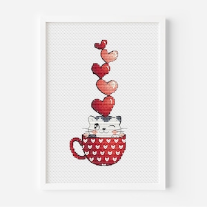 Cat Cross Stitch Pattern PDF, Valentine's Day Cross Stitch, Instant Download, Love Cross Stitch, Heart Cross Stitch, Funny Cup Cross Stitch