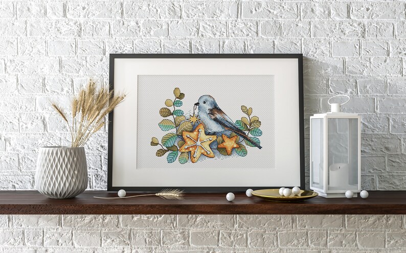 Blue Bird Cross Stitch Pattern, Fall Wreath Embroidery, Star Counted Cross Stitch Digital PDF File, Bird Art, Instant Download, Funny Gift image 5