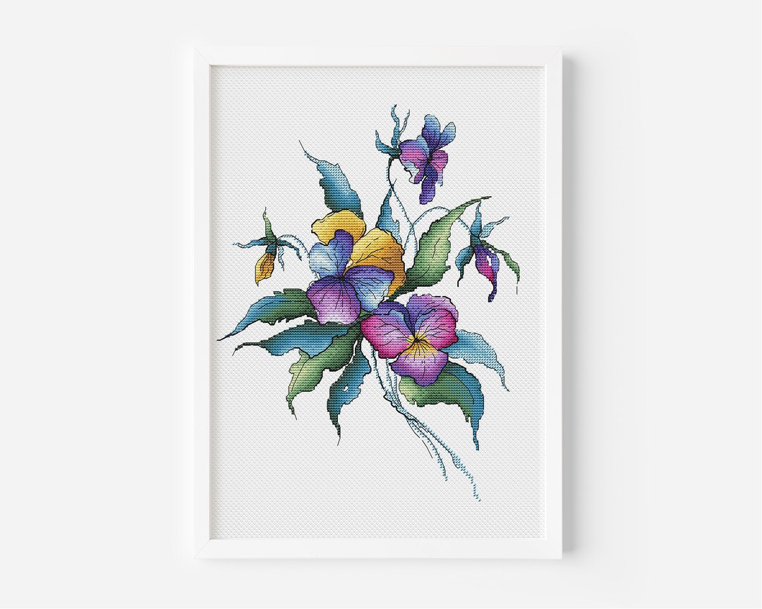 Violets Cross Stitch Pattern, African Violet Flower Hand Embroidery