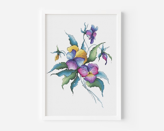 Violets Cross Stitch Pattern, African Violet Flower Hand